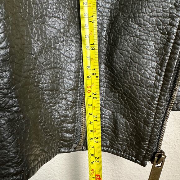 French Connection Faux Leather Fur Collar Moto Jacket Olive Green Large - Picture 9 of 11